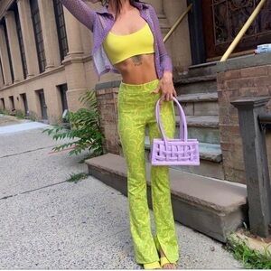 Zara Green Yellow Flared Jacquard Y2K Pull on Flare Pants 70’s disco hippie L